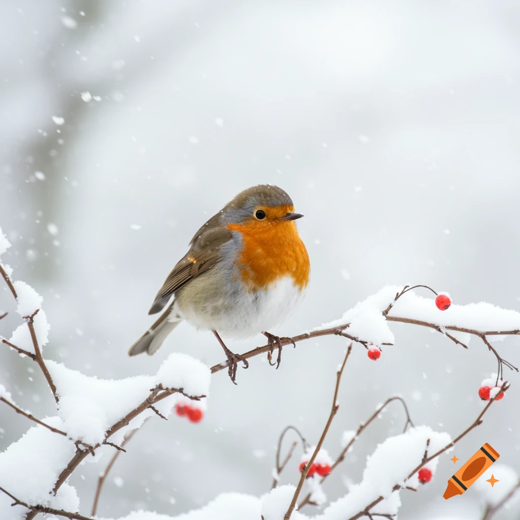 A fluffy robin with an orange breast perches on a snow-covered branch as snowflakes fall around it.