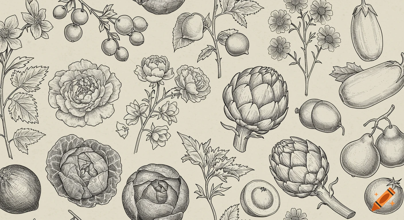 Line art vintage illustration of various flowers, fruits, and vegetables on a neutral background.