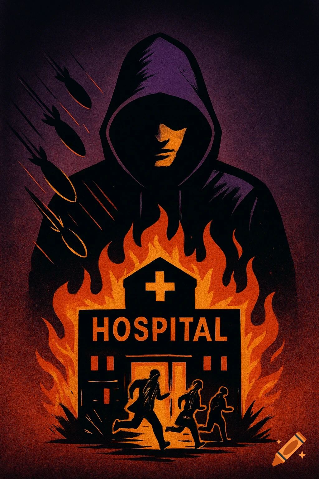Graphic art of a hooded figure with bombs falling on a burning hospital, as people run from it.