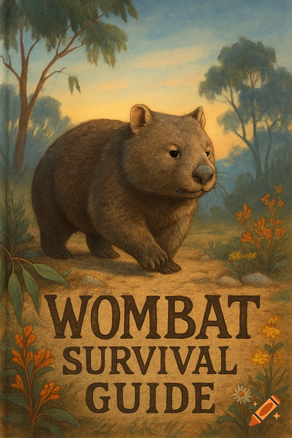 An illustrative image of a wombat standing in a field under a colorful sky, with the text "WOMBAT SURVIVAL GUIDE" at the bottom.