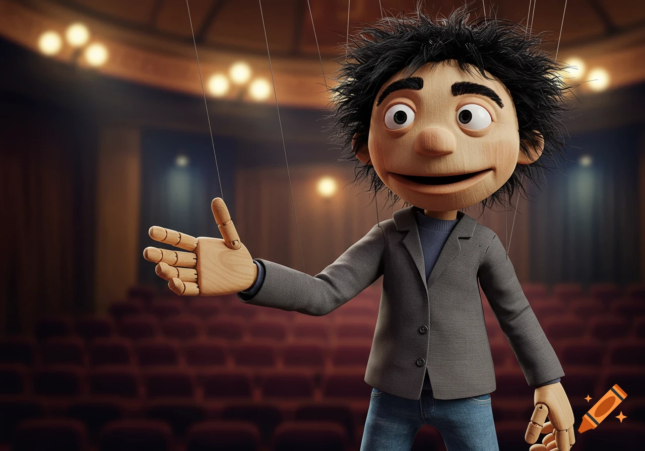 A puppet with black hair, grey jacket, and blue jeans stands on a stage in a theater with red seats and spotlights.