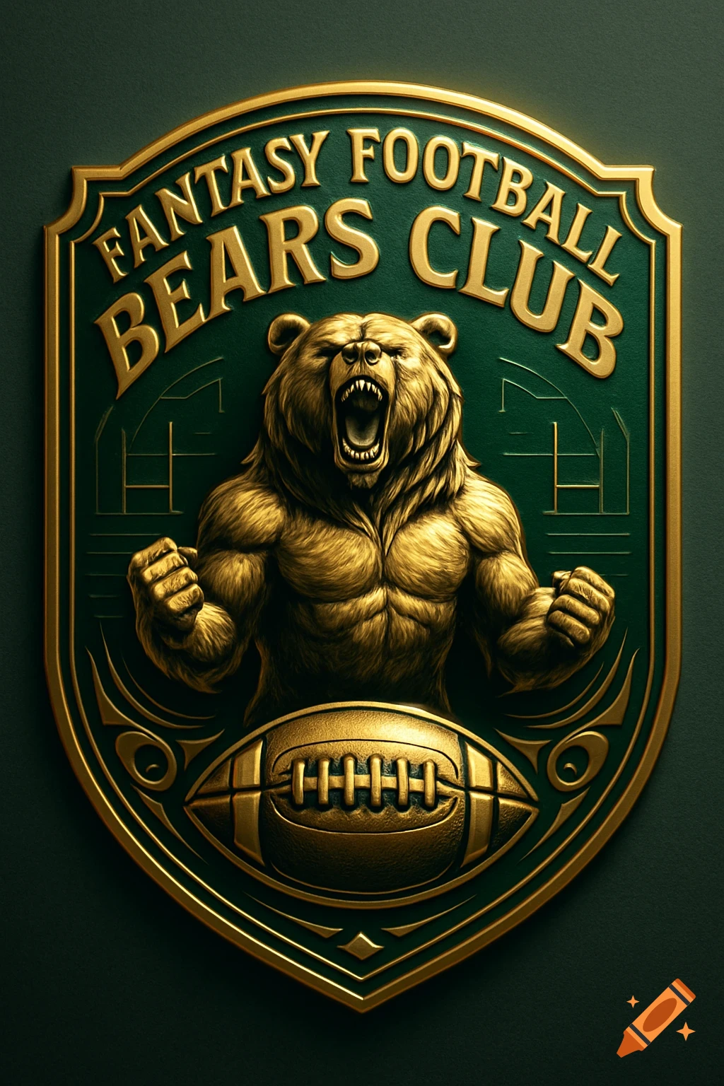 A golden and green embossed badge featuring a roaring bear, a football, and the text 'Fantasy Football Bears Club'.