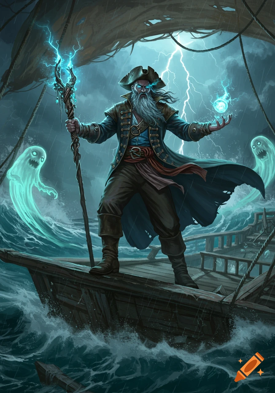 A long-bearded pirate wizard on a stormy ship deck, wielding a glowing staff and orb, with two ghosts and lightning.