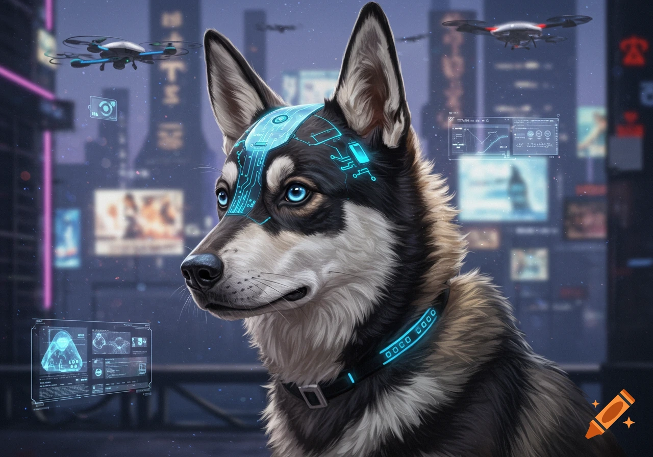 A cybernetically enhanced husky-like dog with glowing blue eyes and facial implants looks to the left in a futuristic city with drones and holographic screens.