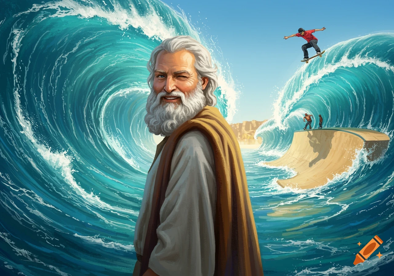 Illustration of Moses winking while parting the Red Sea, as skateboarders ride waves on a half-pipe.