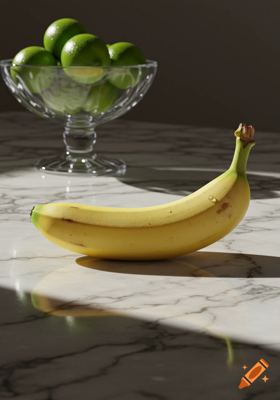 A photorealistic still life featuring a ripe yellow banana on a marble surface and a glass bowl of green limes.