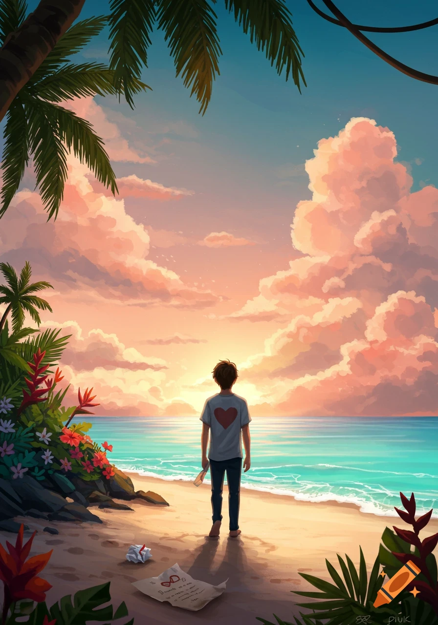 A stylized digital painting of a person standing on a tropical beach, looking out at the ocean and a vibrant sunset with pink and orange clouds. Palm trees and lush foliage frame the scene.