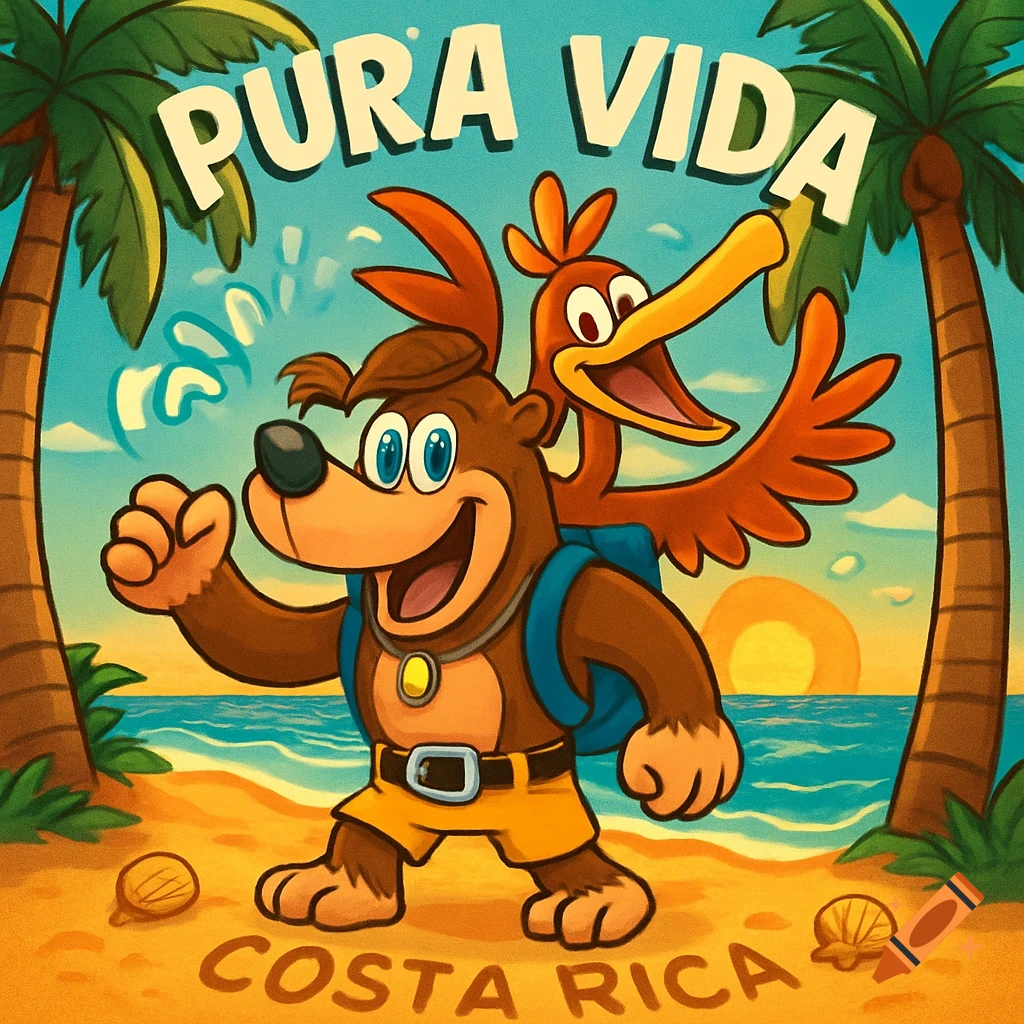 Vibrant cartoon illustration of Banjo and Kazooie walking on a sunny beach, with palm trees, ocean, and text 'PURA VIDA' and 'COSTA RICA'.
