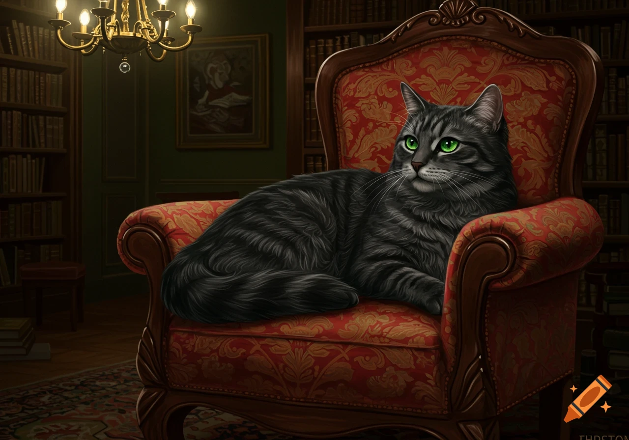 A grey tabby cat with green eyes sits on a red ornate armchair in a dimly lit library with bookshelves and a chandelier.