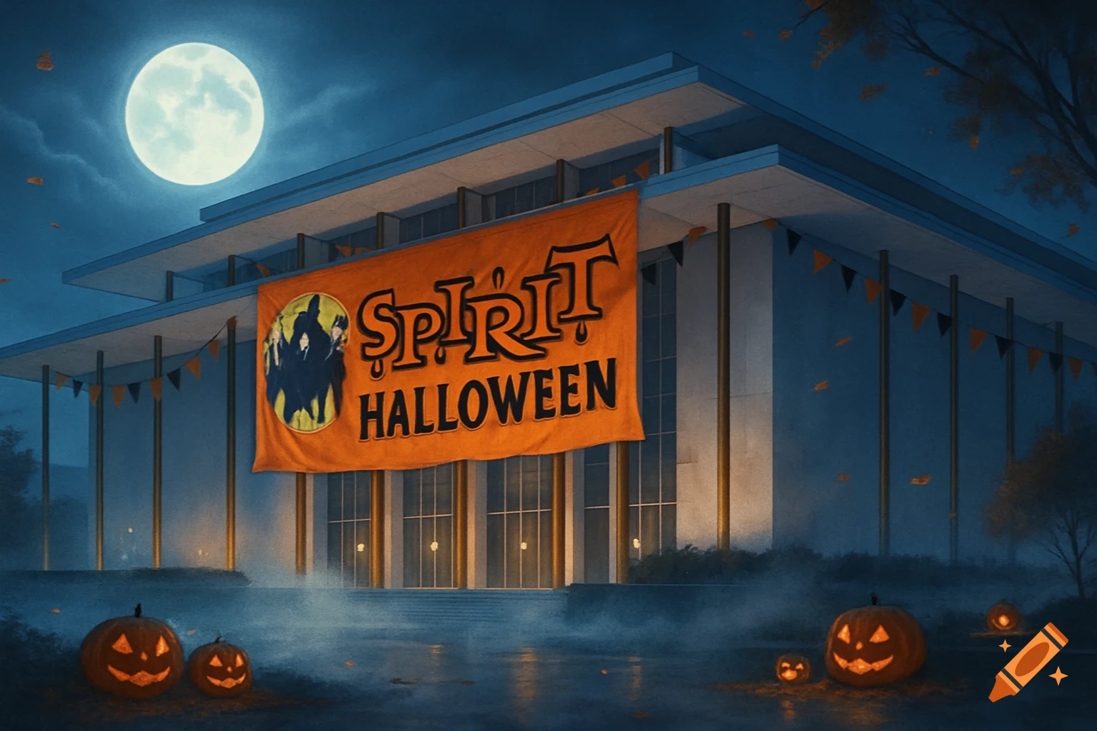 A large concrete building with an orange Spirit Halloween banner, illuminated by a full moon on a spooky night with glowing jack-o'-lanterns and mist.