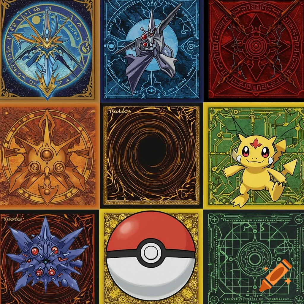 A grid of nine fantasy trading card designs, featuring abstract symbols, a monster, a Pikachu-like creature, and a Pok\u00e9 Ball.
