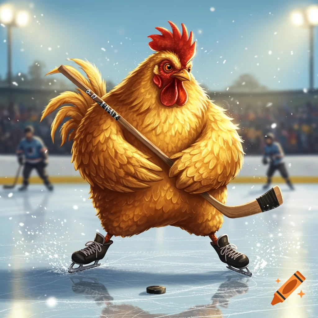 A whimsical golden rooster wearing ice skates holds a hockey stick on an ice rink, with blurry hockey players in the background.