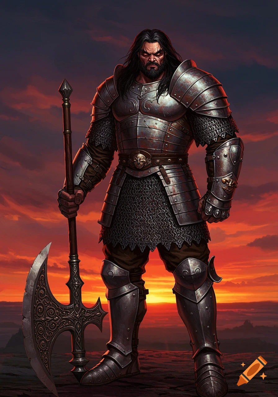 A fierce warrior with long black hair, beard, and red eyes, wearing weathered chainmail armor and holding a massive battle axe against an orange sunset.
