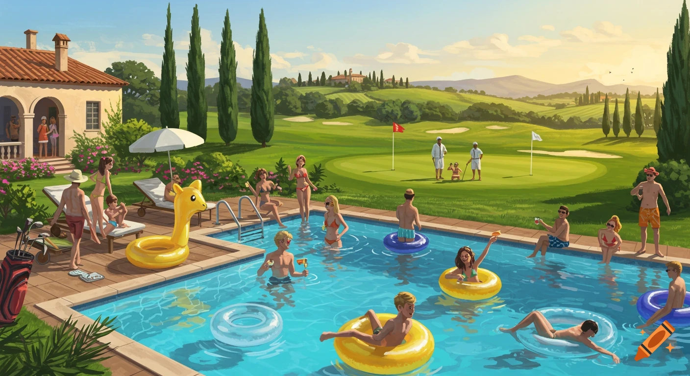 An outdoor illustration of a lively pool party with many people swimming and relaxing, set beside a sunny golf course and a large villa.