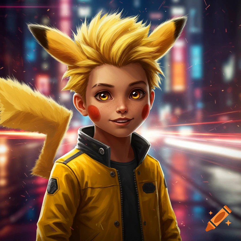 A realistic digital art portrait of a boy with spiky yellow hair, red cheeks, and yellow eyes, wearing a yellow jacket, against a blurred city night background.