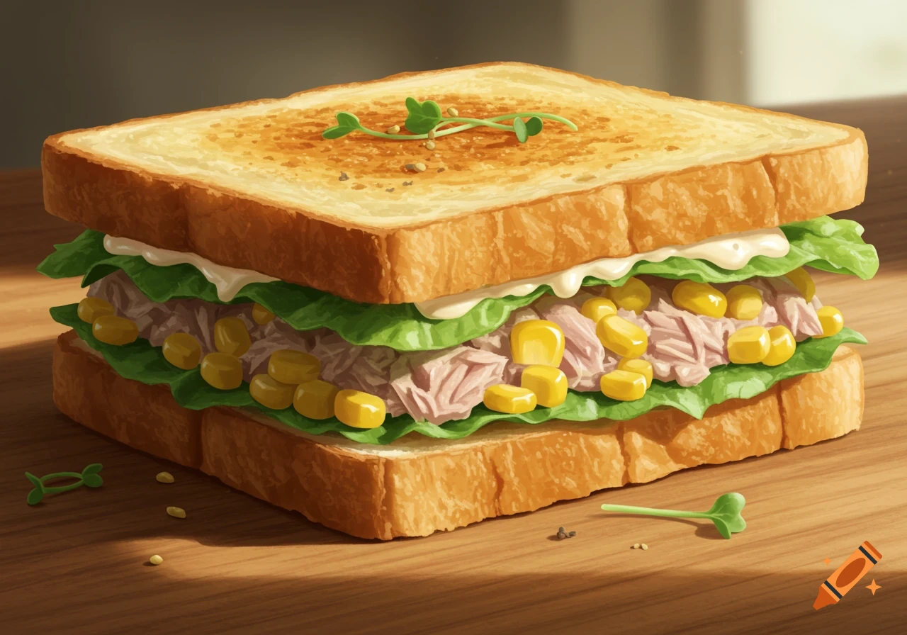 A photorealistic illustration of a tuna and sweetcorn sandwich on toasted bread with lettuce and mayonnaise, resting on a wooden table.