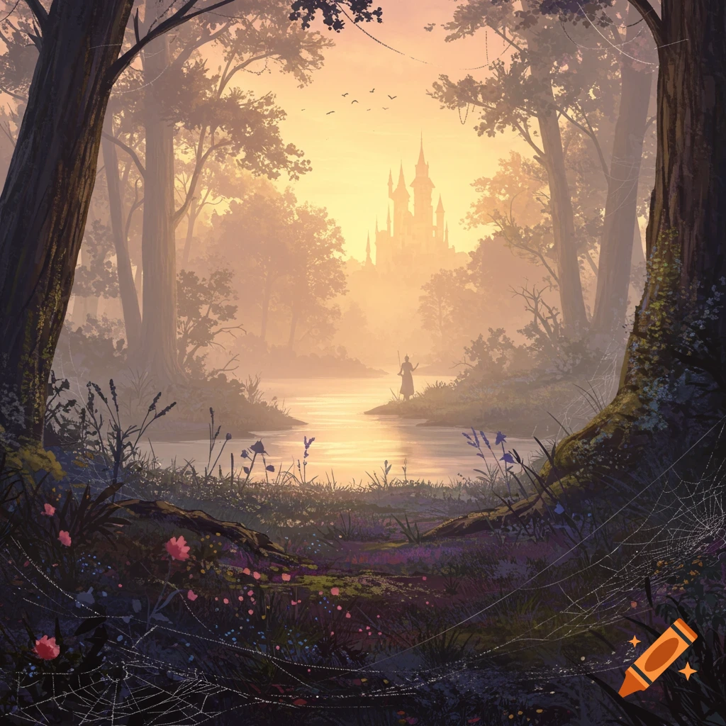 A mystical forest landscape at sunset, with a person by a river leading to a distant castle, framed by trees and spiderwebs.