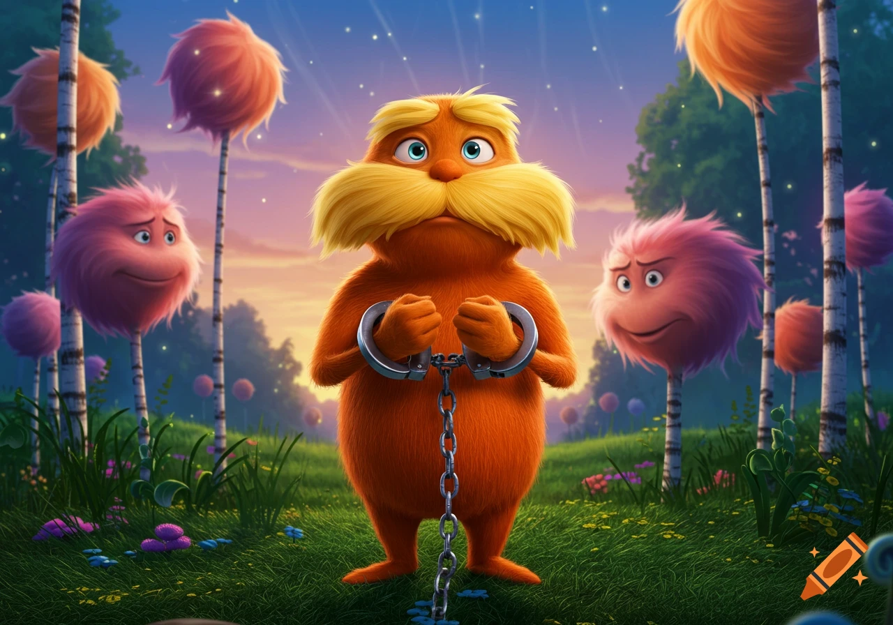 The Lorax, an orange, furry character with a yellow mustache, stands in handcuffs in a colorful animated forest with Truffula trees.