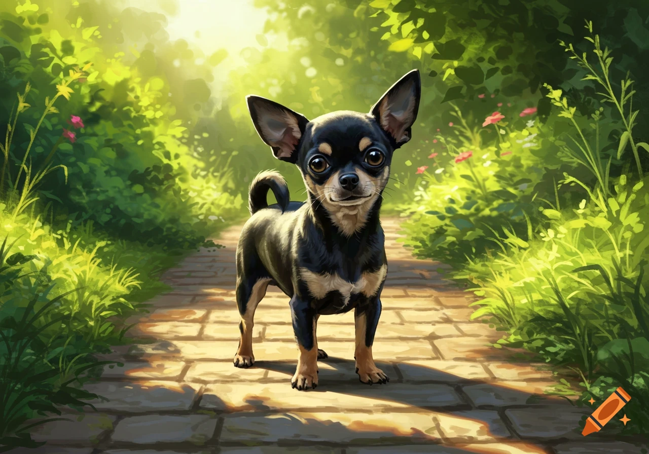 A black and tan chihuahua stands on a stone path in a sunlit green forest.