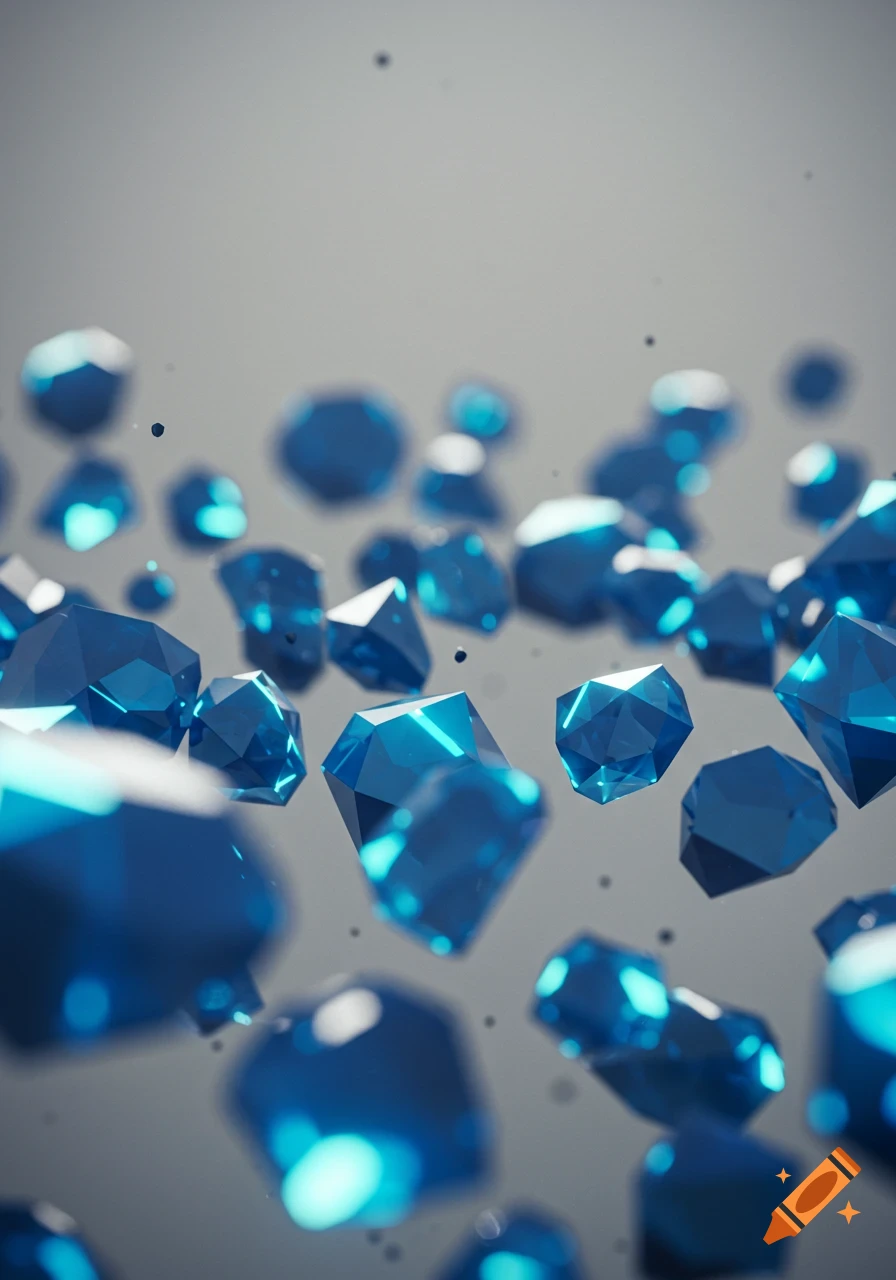 Blue low-poly geometric fragments floating against a light gray background with depth of field.