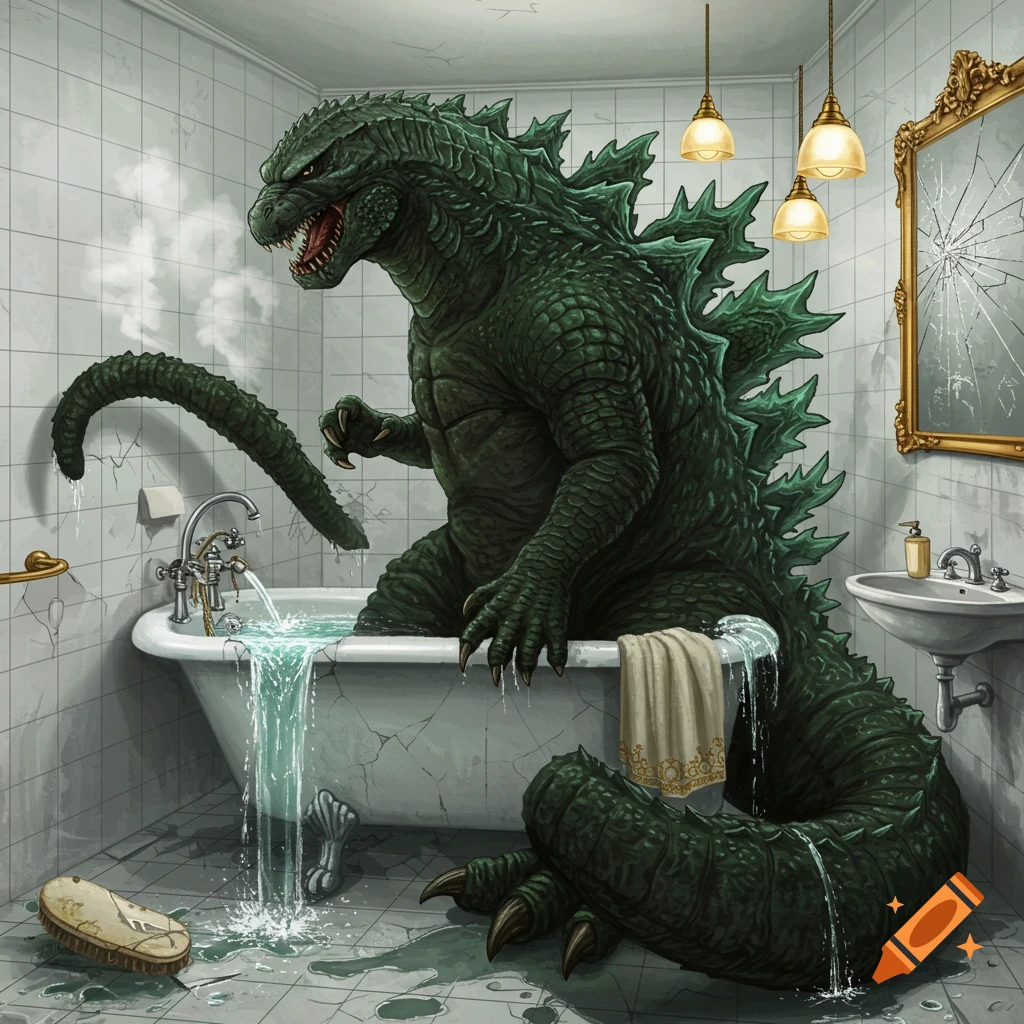 A massive Godzilla attempts to fit into a small bathtub, causing the tub to crack and water to overflow in a tiled bathroom with a broken mirror.
