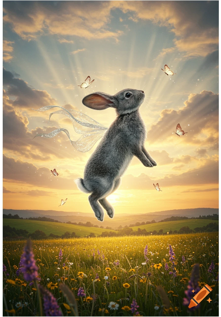 A photorealistic grey rabbit with glittery wings floats above a field of wildflowers at sunset with butterflies and sun rays.