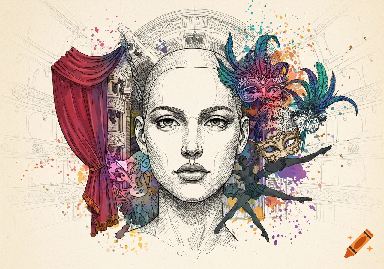 A detailed line drawing of a woman's face surrounded by colorful theater masks, ballet dancers, and a red stage curtain with watercolor splashes.