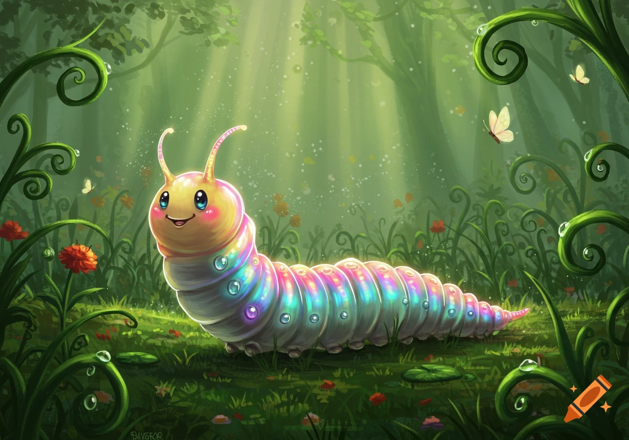 A vibrant, cute rainbow caterpillar on a lush forest floor with light rays and butterflies.