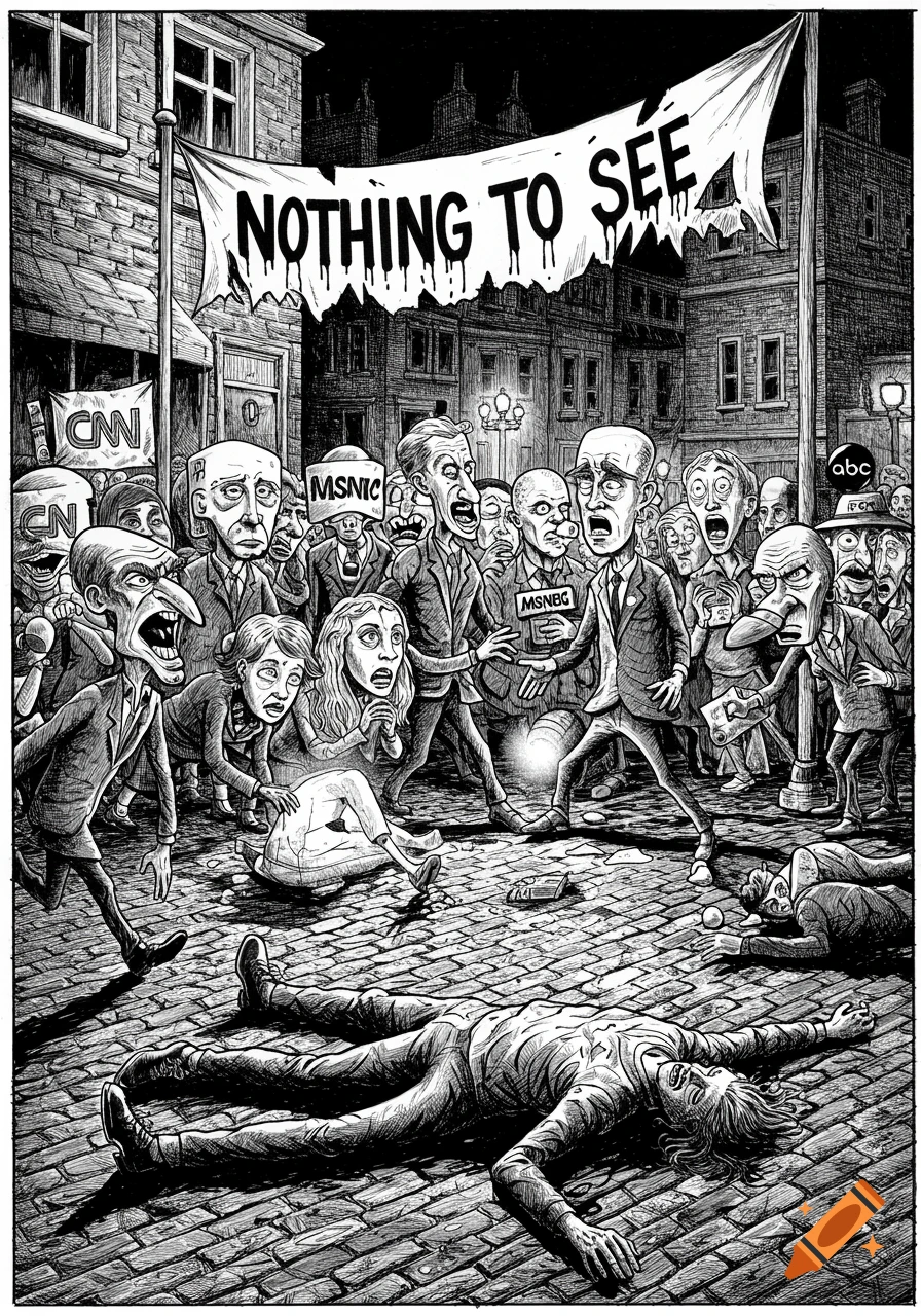 Black and white political cartoon depicting a crowd of caricatured figures, some labeled with news networks, ignoring injured people on a street under a banner reading "NOTHING TO SEE."