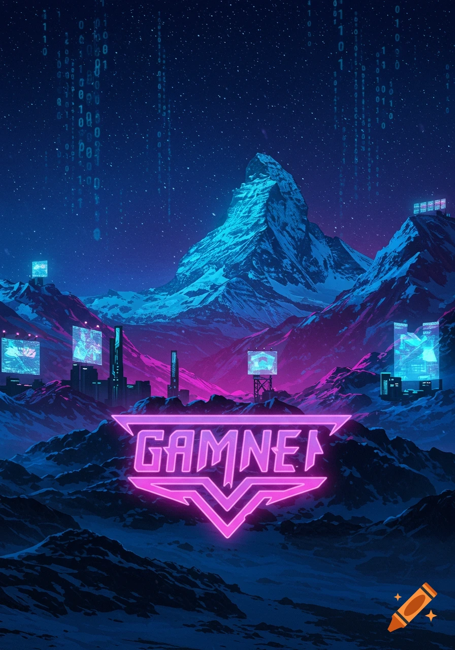 A vibrant cyberpunk mountain landscape at night with a prominent neon "GAMNET" logo, digital displays, and binary code falling from the sky.