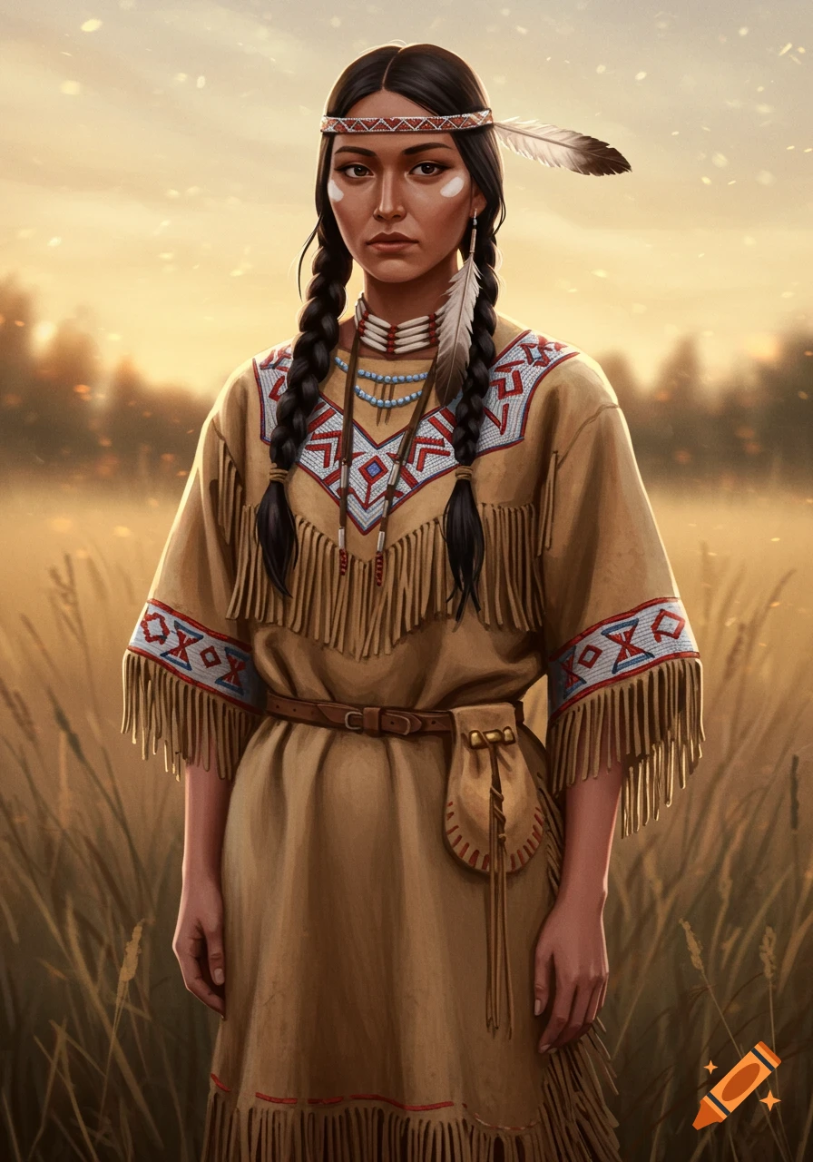 A young woman in traditional Native American-inspired attire stands in a field at sunset, her hair in braids with a feather.