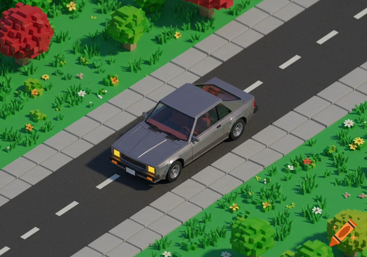 A top-down view of a grey car on a road, with green grass and blocky trees in a voxel art style.