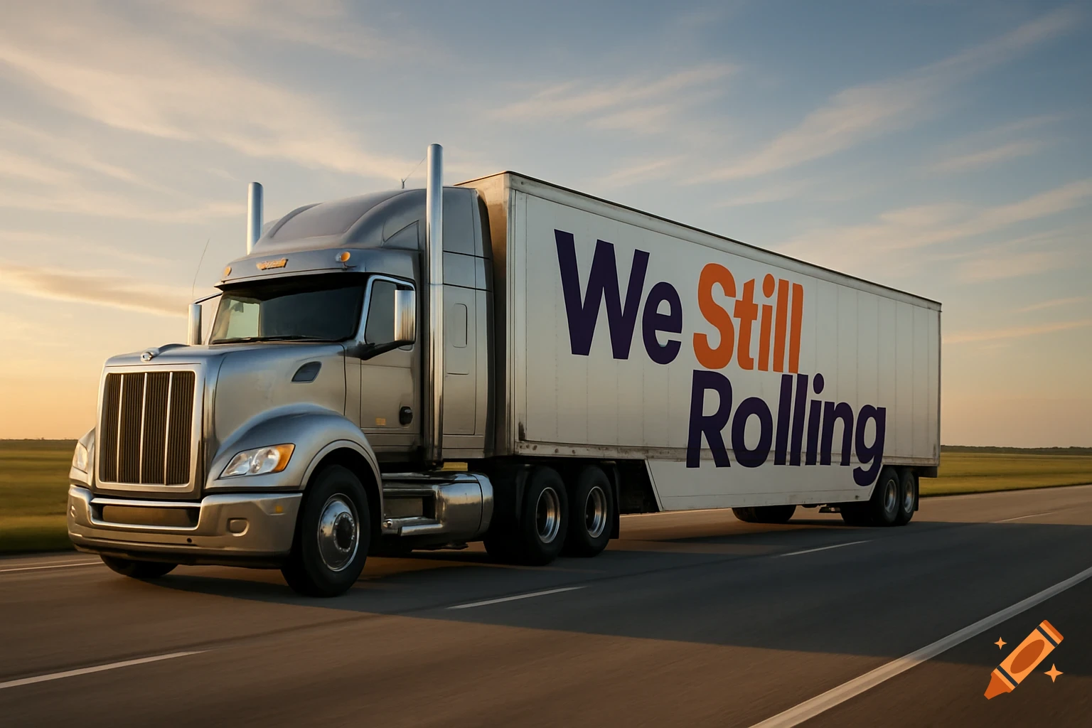 A photorealistic image of a silver semi-truck with 'We Still Rolling' on its trailer, driving down a highway at sunset.