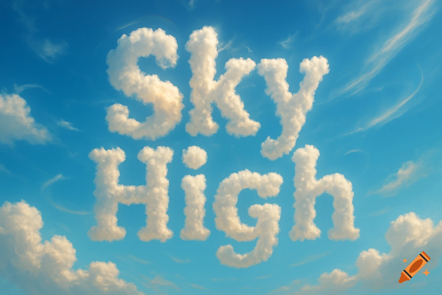 The words "Sky High" formed by fluffy white clouds against a bright blue sky with wispy clouds.