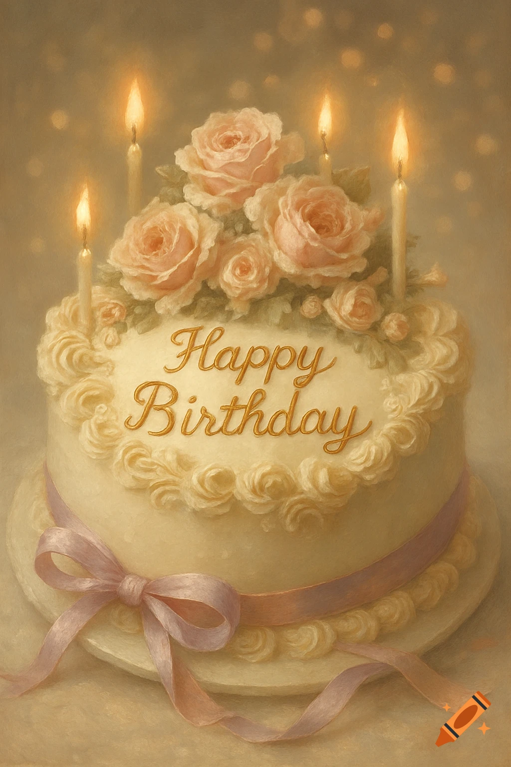 A cream-colored birthday cake topped with pink roses and lit candles, with "Happy Birthday" written in gold script, and a pink ribbon around its base.