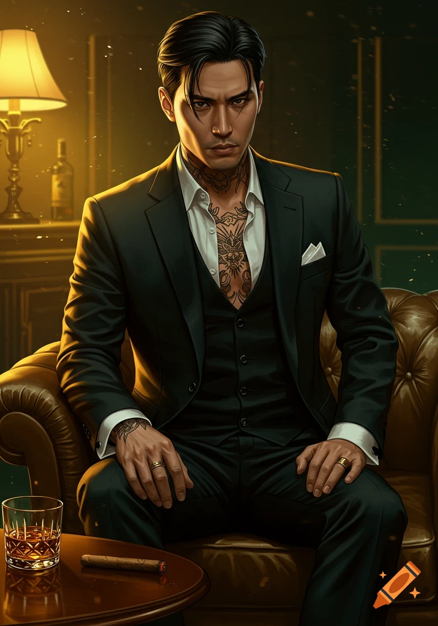 A stern-looking Asian man with neck and chest tattoos in a dark suit sits on a leather armchair, a glass of whiskey and cigar nearby.