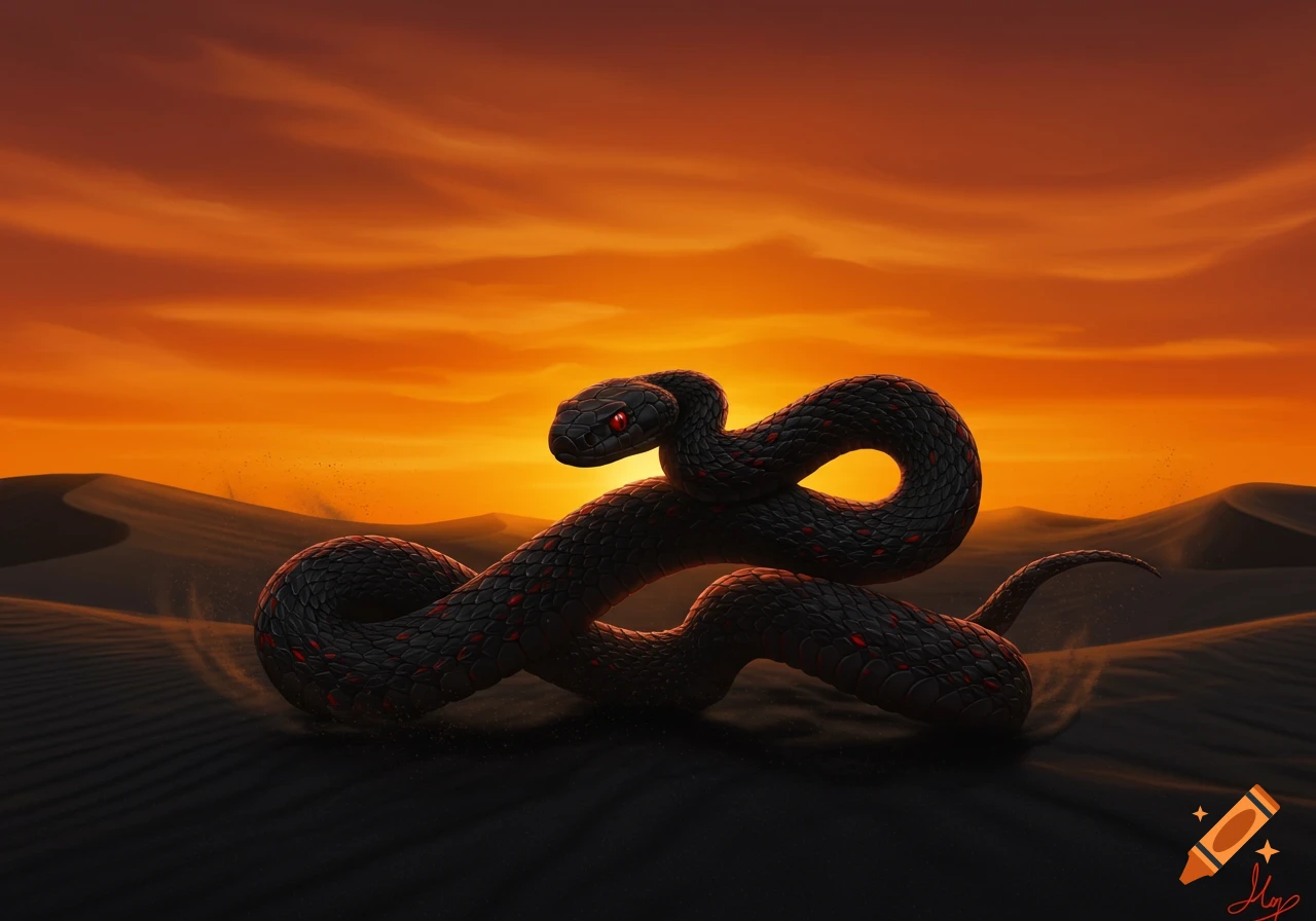 A black snake with red eyes and red scales coiled on a dark sand desert under a vibrant orange sunset sky.