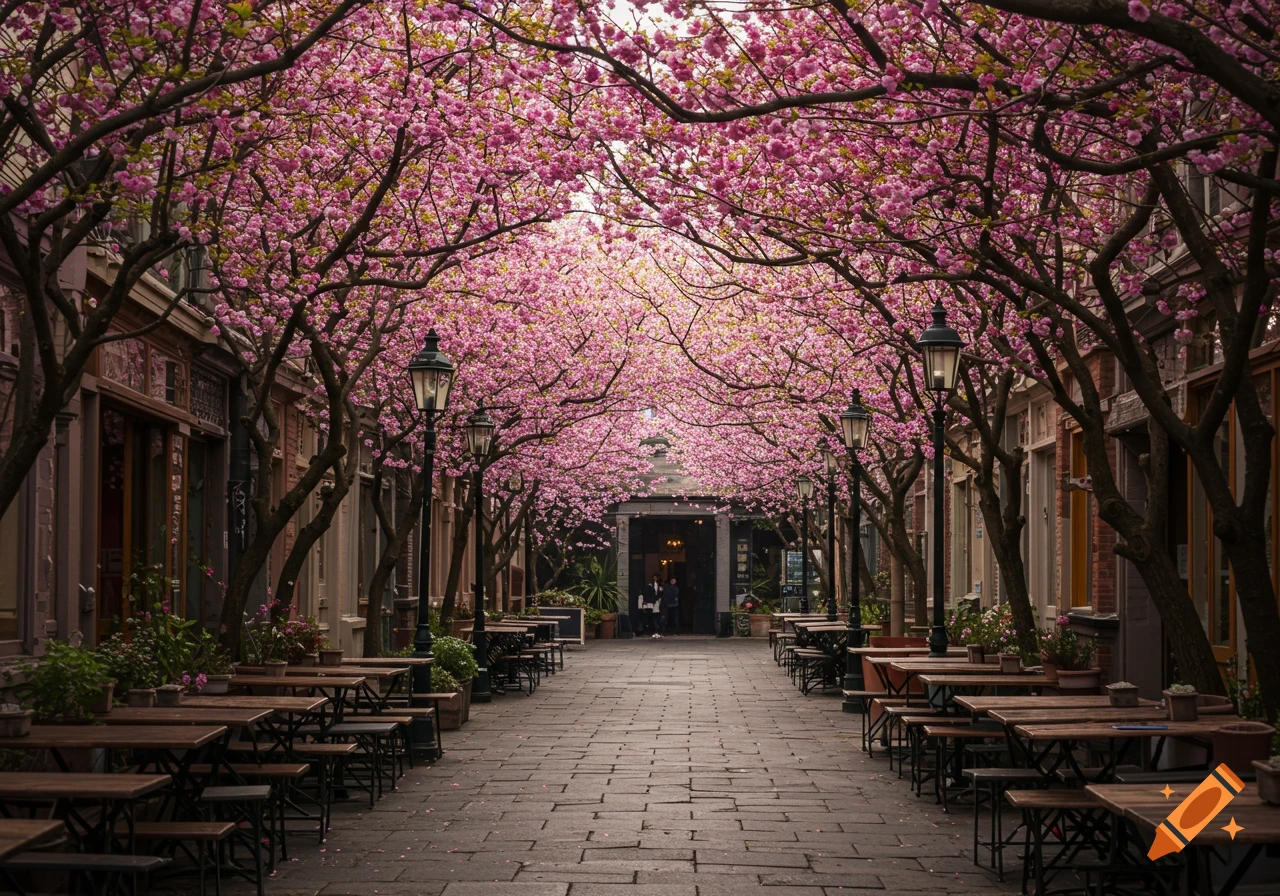 A narrow cobblestone street lined with buildings and outdoor cafe tables, covered by a dense canopy of pink cherry blossom trees. Photorealistic.