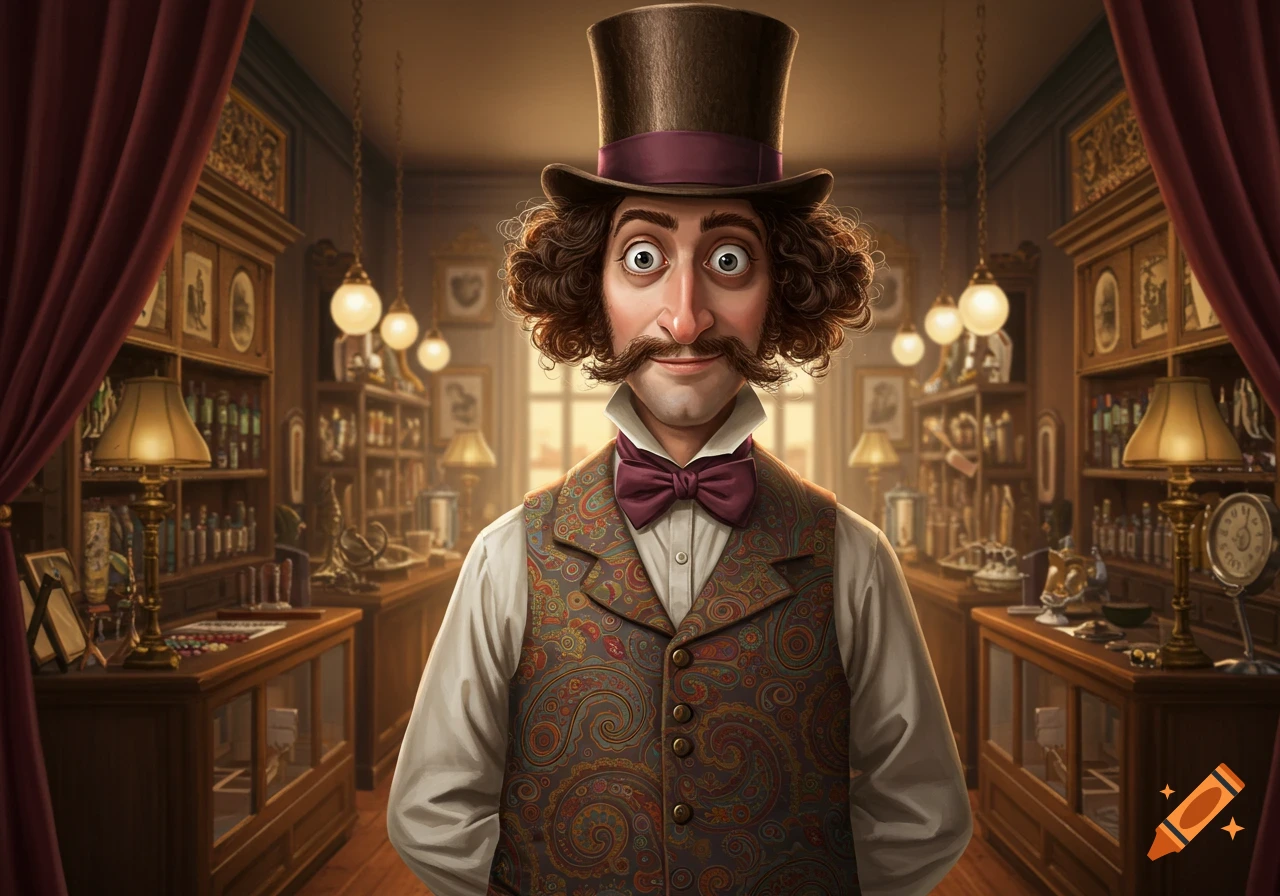 Stylized portrait of a man in a top hat and patterned vest with a handlebar mustache in a vintage shop.