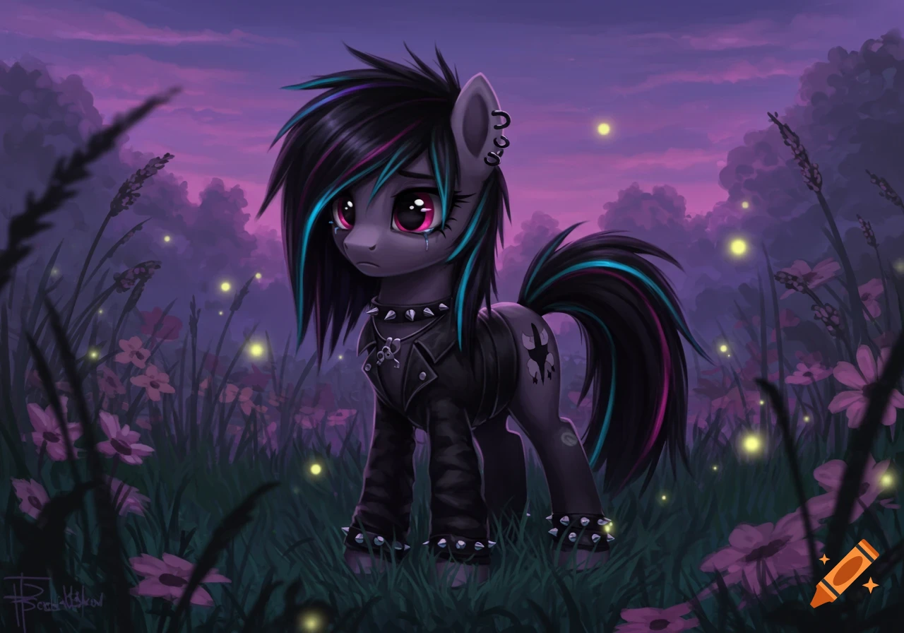 A sad, emo My Little Pony character with spiky dark hair, piercings, and a black studded jacket stands in a dark, glowing field.