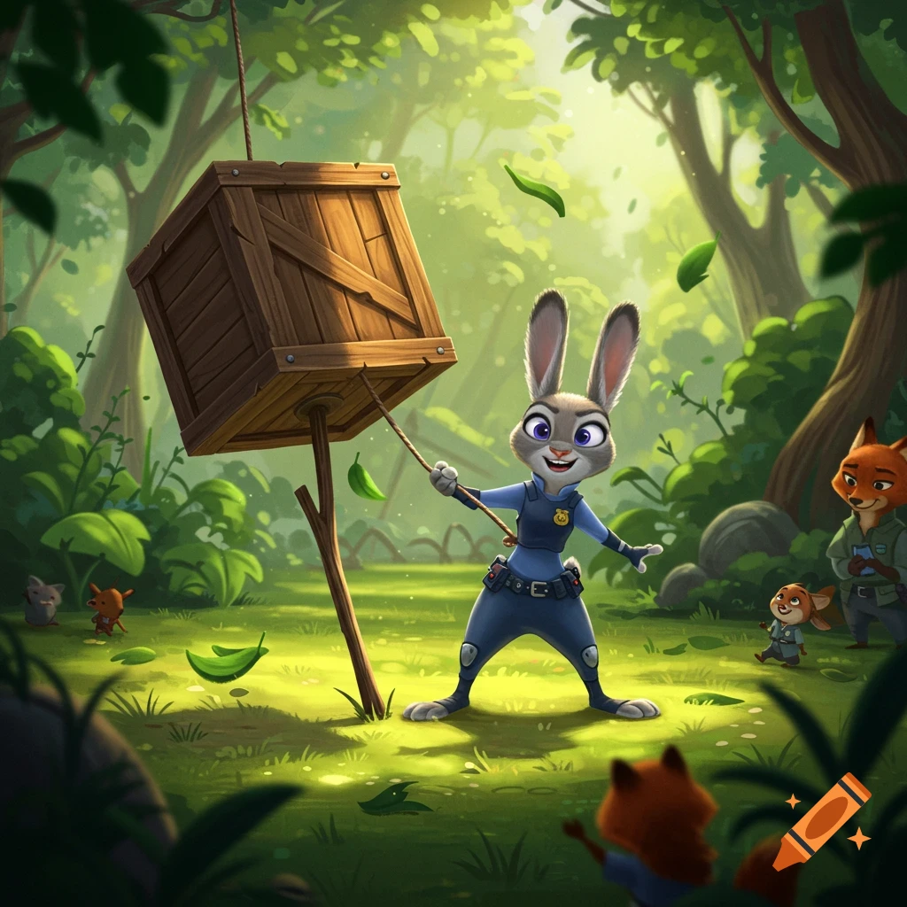 Judy Hopps holding a rope attached to a large wooden box trap in a sunny forest, with Nick Wilde and Finnick in the background.