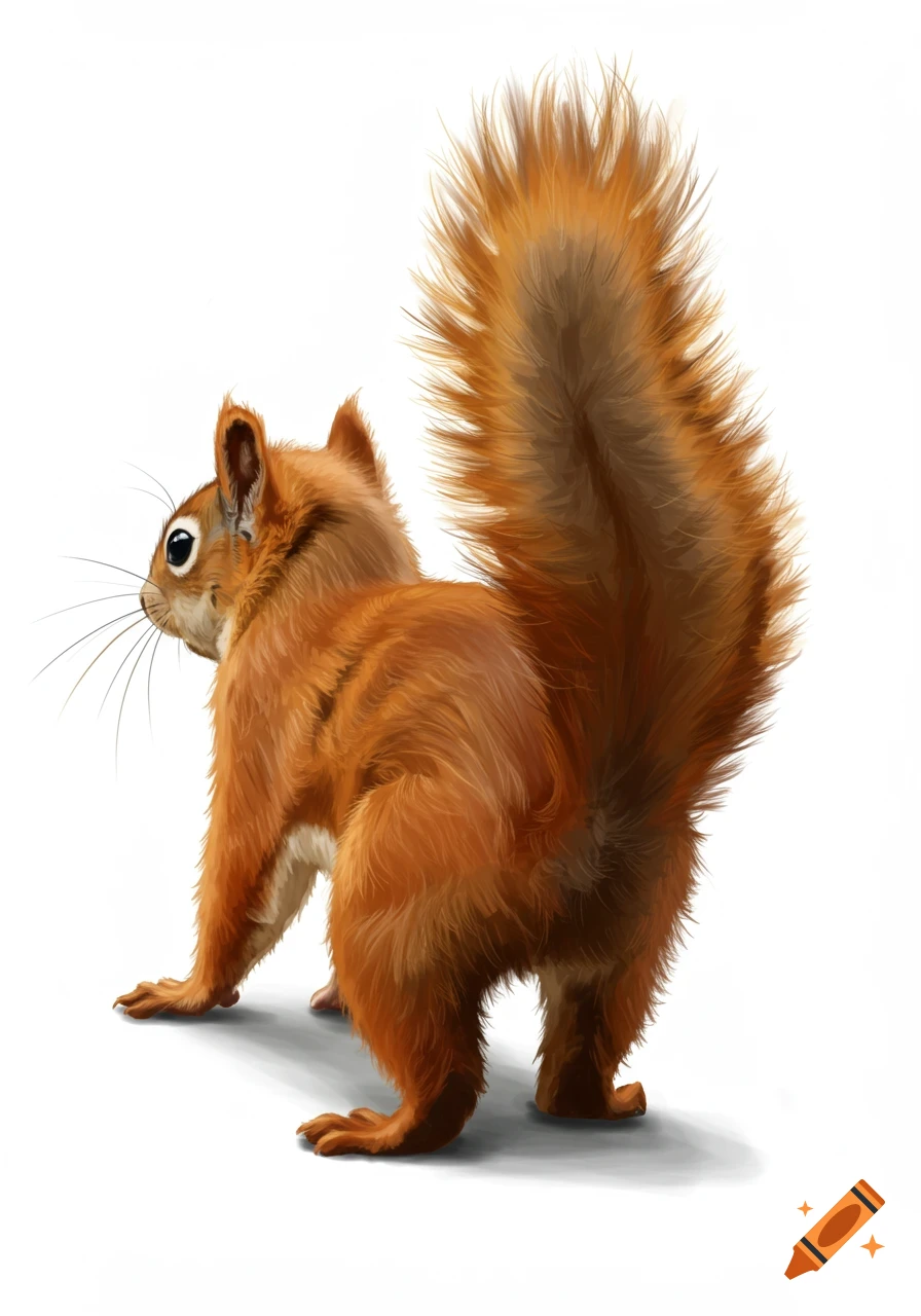 An illustration of a red squirrel with a fluffy tail, looking over its shoulder against a white background.