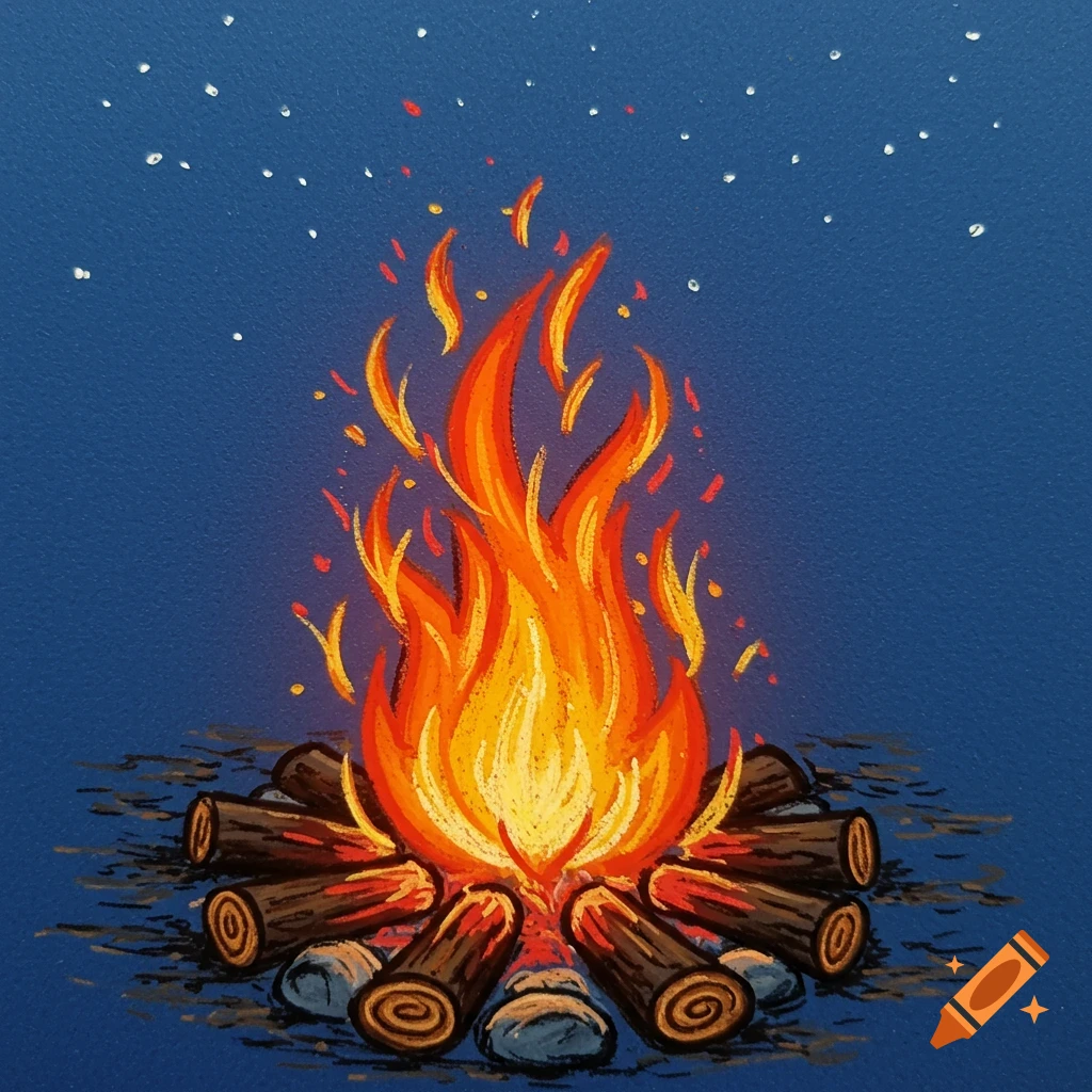 An illustration of a vibrant campfire with orange and yellow flames burning logs under a dark blue night sky with scattered white stars.