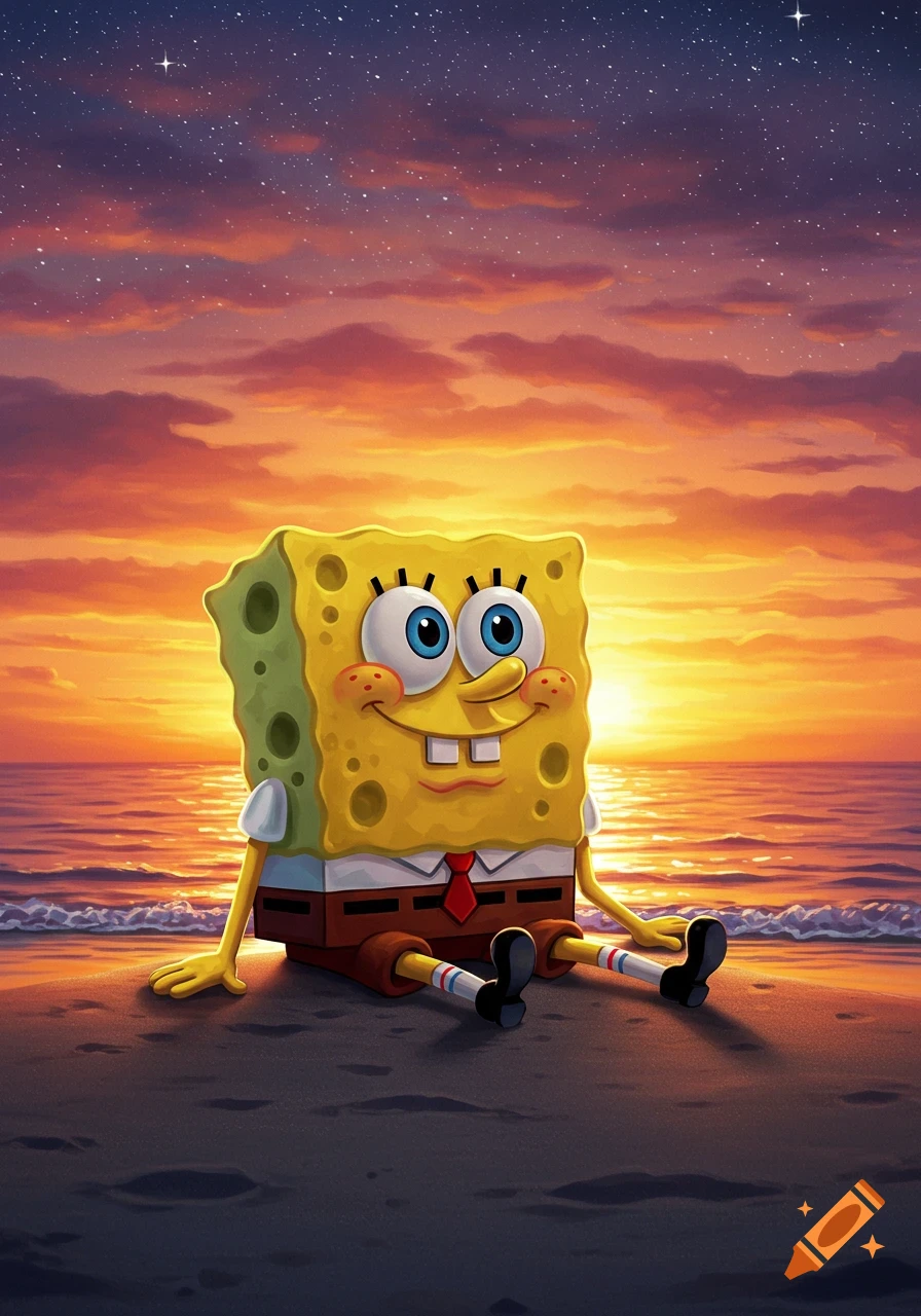 SpongeBob SquarePants sits on a beach at sunset, with a vibrant orange and purple sky over the ocean.