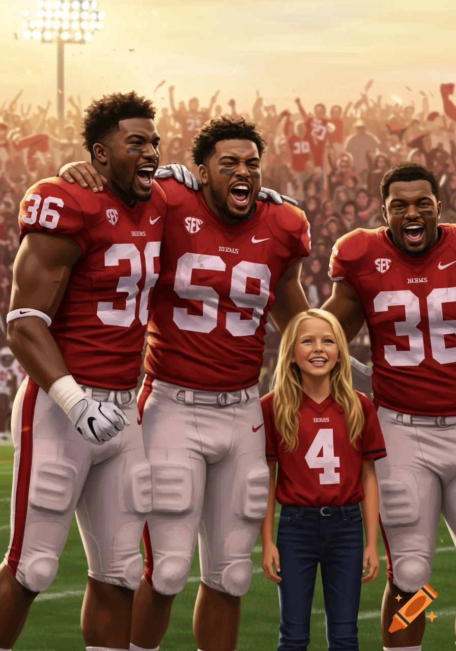 Four football players in red jerseys celebrate with a young blonde girl in a red jersey on a football field with a cheering crowd in the background.