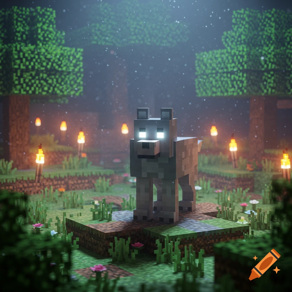A Minecraft-style wolf with glowing eyes stands on a dirt block in a dark forest lit by torches and fireflies.