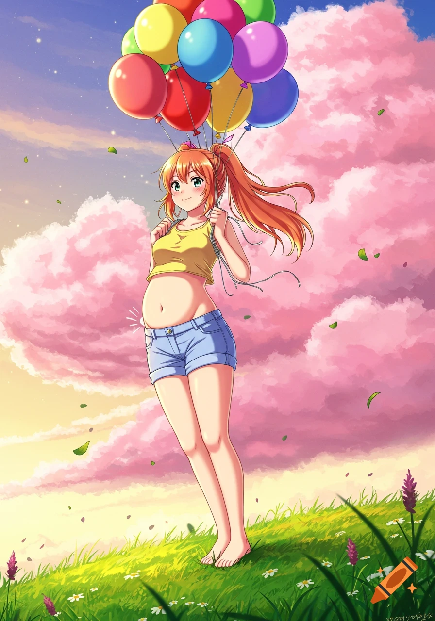 An anime girl with an inflated belly holds colorful balloons on a grassy hill under pink clouds.