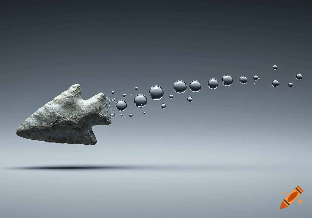 A stone arrowhead morphing into a trail of clear water bubbles on a gradient gray background, photorealistic style.