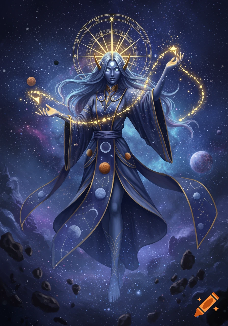 A celestial being with blue skin and long hair floats in deep space, manipulating golden cosmic energy. Planets and constellations adorn its robe.