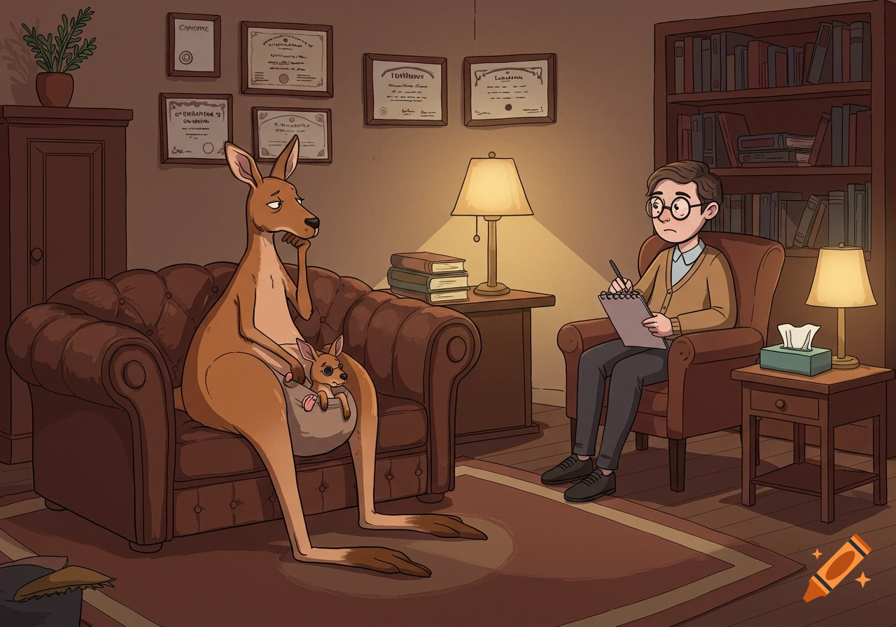 A cartoon kangaroo sits on a therapy couch across from a human psychiatrist, with a joey peeking from its pouch.